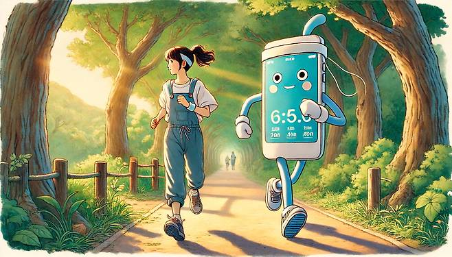 사람과 러닝 앱이 함께 달리는 모습을 챗GPT를 활용해 이미지화 한 모습. 챗GPT