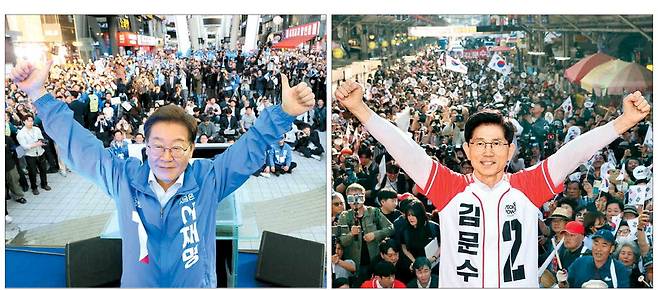 22일간의 선거운동 '스타트'
공식 선거운동을 시작한 12일 이재명 더불어민주당 대선후보가 대전 으능정이거리에서 "국민이 주인으로 인정받는 나라를 만들겠다"며 두 팔을 들어 보이고 있다(왼쪽 사진). 김문수 국민의힘 후보는 이날 대구 서문시장을 찾아 "경제 대통령이 되겠다"며 지지를 호소했다.  김호영 기자·연합뉴스