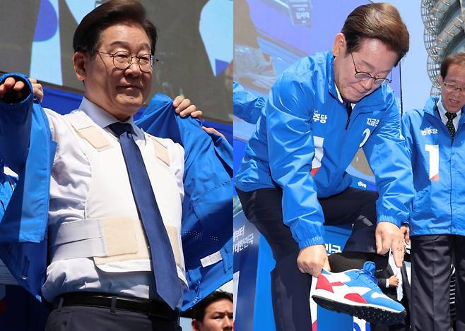 12일 서울 광화문 청계광장에서 열린 대선 출정식에서 이재명 민주당 후보가 흰색 방검복 위에 선거운동복을 입는 모습(왼쪽)과 무대 위에서 운동화를 신는 모습. /사진=뉴시스(공동취재)