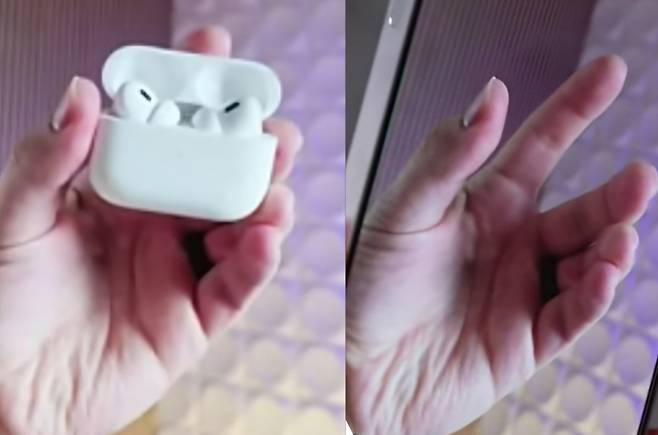 에어팟을 손에 들고 찍은 사진(왼쪽)과 ‘아이폰 AI지우개’ 기능으로 에어팟을 없앤 사진(오른쪽)