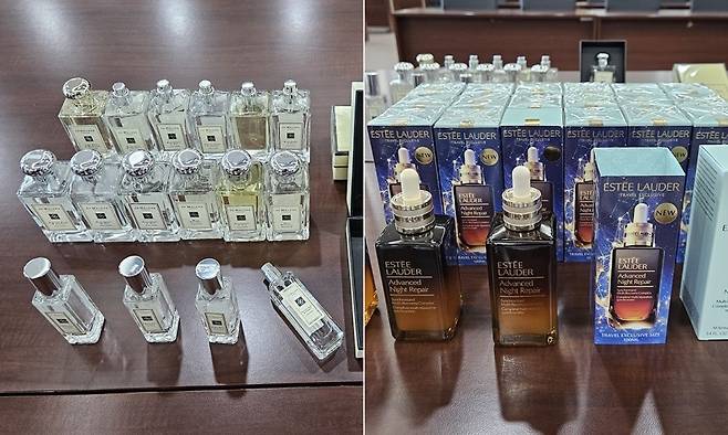 중국산 위조 조말론 향수(왼쪽)와 에스티로더 화장품. [인천공항본부세관]