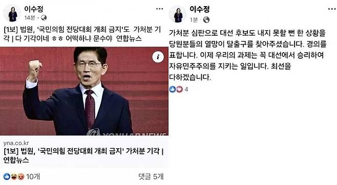 [서울=뉴시스] 이수정 경기 수원정 당협위원장의 페이스북 게시물. (사진=온라인 커뮤니티 갈무리) 2025.05.12. photo@newsis.com *재판매 및 DB 금지