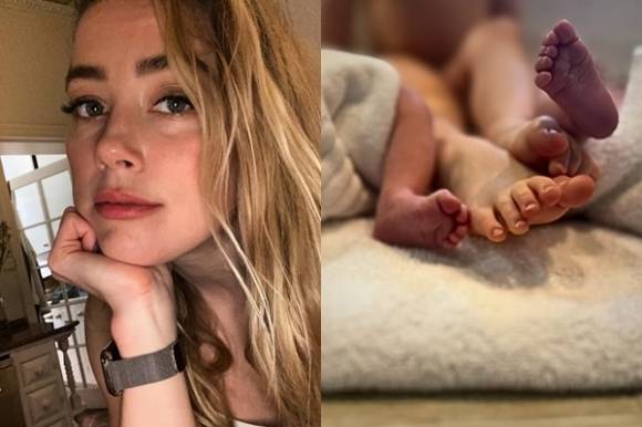 4년 전 비혼 상태에서 대리모를 통해 첫 아이를 출산했다는 소식을 전한 할리우드 배우 앰버 허드(39)가 최근 쌍둥이를 얻은 것으로 전해져 눈길을 끌고 있다. 오른쪽 사진은 앰버 허드가 올린 쌍둥이 아이의 발 사진. 인스타그램 캡처