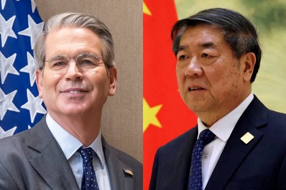 스위스 제네바에서 고위급 무역 협상에 책임자로 나선 스콧 베선트 미국 재무장관과 허리펑 중국 국무원 부총리. 로이터 연합뉴스