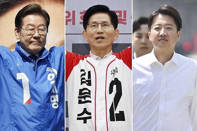 제21대 대선 공식 선거운동 시작  (서울=연합뉴스) 광화문 청계광장에서 열린 중앙선대위 출정식 및 첫 유세에 나선 더불어민주당 이재명(왼쪽부터), 여의도 국민의힘 중앙당사에서 열린 중앙선대위 임명장 수여식에 참석한 국민의힘 김문수, 연세대학교 캠퍼스 방문한 개혁신당 이준석 대선 후보