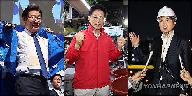 이재명·김문수·이준석, 제21대 대선 선거운동 시작 (서울=연합뉴스) 김주성 서명곤 기자 =  제21대 대통령 선출을 위한 공식 선거운동이 12일 시작됐다. 
    첫 유세 일정으로 더불어민주당 이재명 대선 후보(왼쪽)는 서울 광화문 청계광장에서 출정식을 열고 방탄복 위에 선거운동복을 입었다. 국민의힘 김문수 대선 후보(가운데)는 서울 송파구 가락시장을 찾아 상인들을 만났고, 개혁신당 이준석 대선 후보는 전남 여수시 금호피앤비화학 여수2공장을 방문했다.  2025.5.12 utta@yna.co.kr seephoto@yna.co.kr