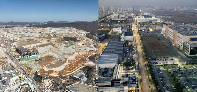 ▲&nbsp;SK하이닉스 용인 반도체 클러스터 건설 현장(왼쪽). 삼성바이오, 엠코, 싸토리우스 등 업체 공장들이 입주해 있는 송도국제도시 5공구 전경 /사진제공=SK하이닉스·인천일보DB