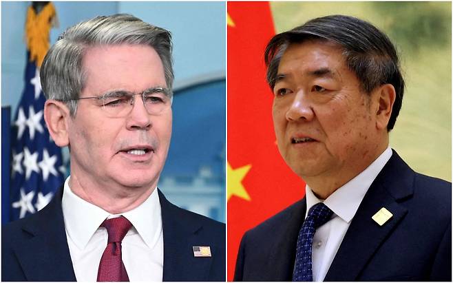 10~11일 스위스 제네바에서 진행된 미중 고위급 관세 협상에는 미국 측 대표 스콧 베선트(왼쪽) 재무장관과 중국 측 대표 허리펑 부총리가 마라톤 협상을 벌였다./연합뉴스