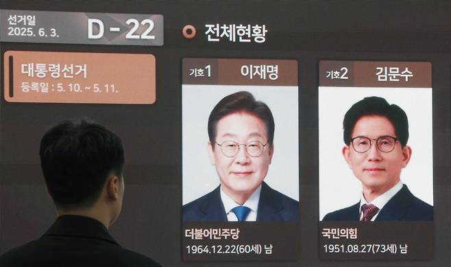 제21대 대통령선거 공식 선거운동이 시작된 12일 경기 과천시 중앙선거관리위원회 선거종합상황실에 후보등록현황이 표시되어 있다./뉴시스