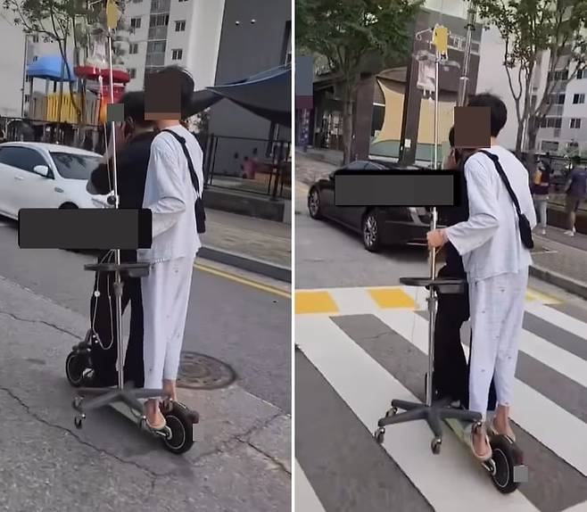 전동 킥보드 한 대에 두 명이 탑승해 있다. /인스타그램