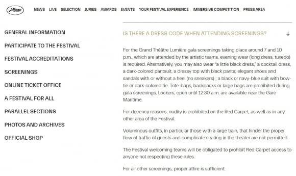 칸 국제영화제 사무국이 공식 홈페이지를 통해 13일(현지 시각) 개막하는 제78회 칸 영화제에서 노출이 심한 의상을 금지한다는 내용의 복장 규정을 발표했다. /칸 국제영화제 홈페이지 캡처