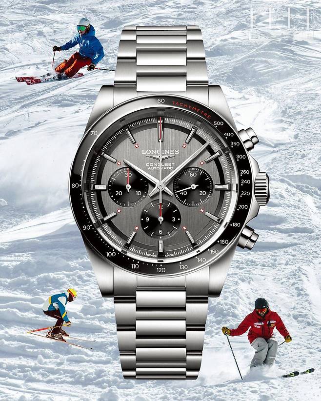 FIS 알파인 스키 세계 챔피언십의 상징인 스키 선수의 모습이 스크류-다운 케이스백 중앙에 새겨진 스포티하면서 우아한 '콘퀘스트 크로노 스키 에디션'은 LONGINES.