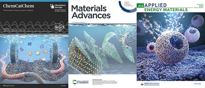 각 저널 표지 이미지(왼쪽부터 ChemCatChem, Materials Advances, ACS AppliedEnergy Materials)