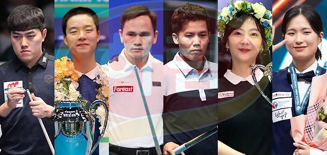 김준태(왼쪽부터)와 김영원, 쩐득민, 응우옌프엉린, 김상아, 박정현으로 구성된 프로당구 10구단 하림 선수단. PBA 제공