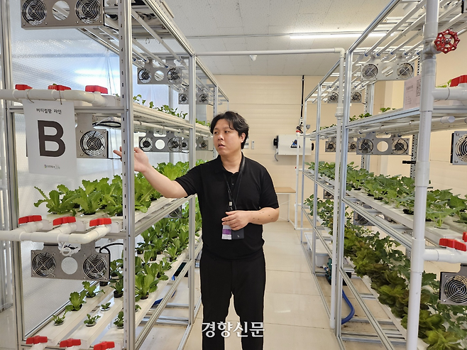 임현구 대전팜 둥구나무 대표가 대전 도심의 빈 건물을 활용해 만든 스마트팜 내 재배시설에 대해 설명하고 있다. 이종섭 기자