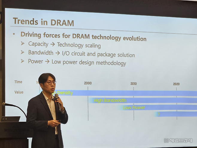 손교민 삼성전자 메모리사업부 D램설계팀 마스터가 13일 서울 강남구 그랜드 파르나스 서울에서 열린 ‘인공지능반도체포럼 조찬강연회’에서 발표하고 있다. 김민지 기자