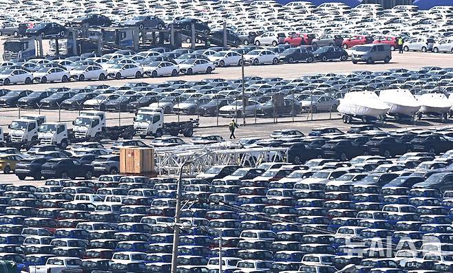 [평택=뉴시스] 김종택 기자 = 29일 경기 평택항 자동차 전용부두에 선적을 기다리는 수출용 차량이 세워져 있다. 2025.04.29. jtk@newsis.com
