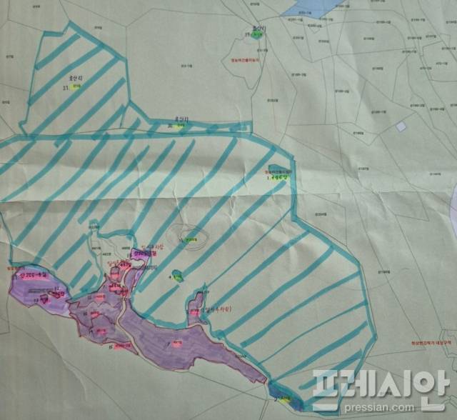 ▲화순군이 특정문중과 임대 계약한 땅 중에는 사업지 일원에서 벗어난 곳도 있으며, 가족놀이공원 일부는 보전관리지역도 포함돼 있다.ⓒ프레시안