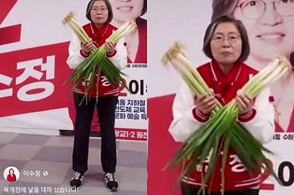 2024년 22대 총선 당시 이수정 국민의힘 경기 수원정 후보가 윤석열 대통령의 ‘대파 한 단에 875원이면 합리적’ 발언을 옹호하며 소셜미디어(SNS)에 올렸다가 삭제한 영상. 온라인 커뮤니티 캡처