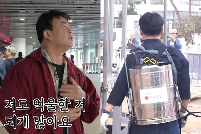 백종원 더본코리아 대표가 자신을 둘러싼 논란에 억울한 부분이 있다고 말하고 있다. 오른쪽은 백 대표가&nbsp;지역 축제에서 농약통 사용을 지시한 모습.&nbsp;스튜디오 오재나‧백종원 유튜브 캡처