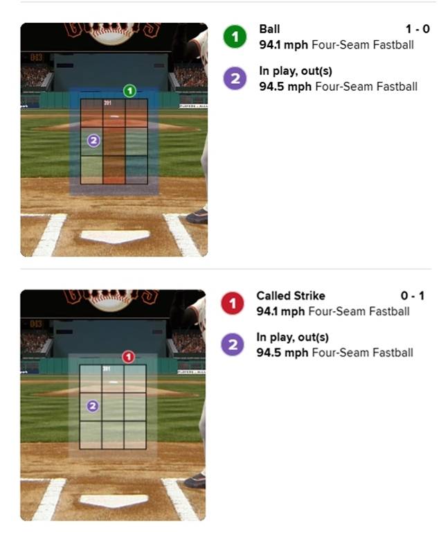 최초 볼로 표기(위)가 됐지만, 뒤늦게 수정된 이정후의 8회 타석(아래). /사진=메이저리그 공식 홈페이지 캡처
