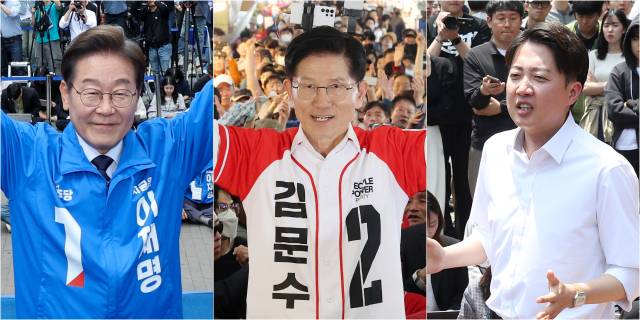 제21대 대통령 선출을 위한 공식 선거운동 이틀째인 13일 더불어민주당 이재명 대선 후보(사진 왼쪽부터)가 대구광역시 동성로 거리에서, 국민의힘 김문수 대선 후보가 울산 남구 신정시장에서, 개혁신당 이준석 대선 후보가 대구 경북대학교에서 집중 유세를 하고 있다. 연합뉴스