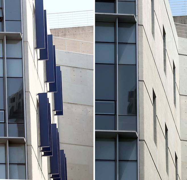 창원NC파크 외장 마감재 ‘루버’가 철거된 모습(오른쪽)과 철거 전 모습. 사진 | 창원=연합뉴스