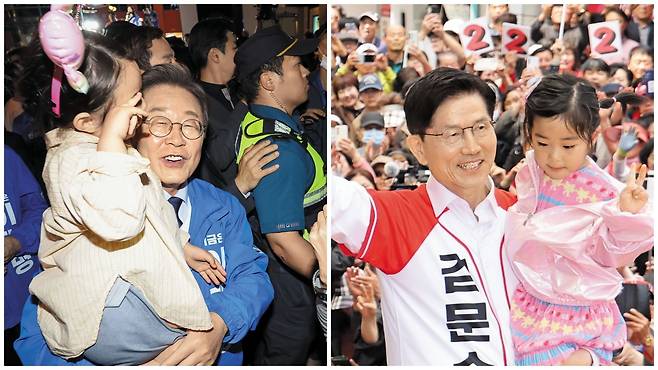아이 안은 이재명·김문수 후보 - 이재명 더불어민주당 대선 후보가 13일 울산 남구 롯데백화점에서 유세를 마친 뒤 어린이와 기념 촬영을 하고 있다(왼쪽 사진). 김문수 국민의힘 후보는 같은 날 울산 뉴코아아울렛 앞에서 유세를 하면서 어린이를 안아 들었다. /뉴스1·김지호 기자