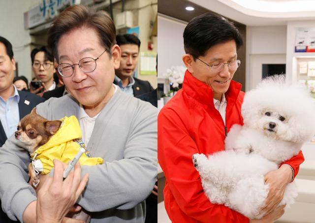 이재명(왼쪽) 더불어민주당 대선 후보가 11일 전남 강진군에서 한 시민의 강아지를 건네받은 모습과 김문수 국민의힘 대선 후보가 12일 대구의 한 동물병원에 방문해 강아지를 안고 있는 사진. 뉴시스·김문수 캠프 제공