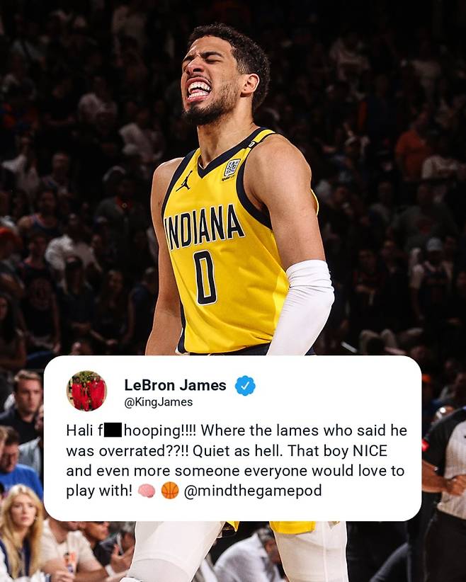 인디애나 할리버튼이 14일 클리블랜드와의 동부 PO 2라운드 5차전에서 득점 후 환호하고 있다. 르브론 제임스는 SNS를 통해 그의 활약에 찬사를 보냈다. 사진=ESPN SNS