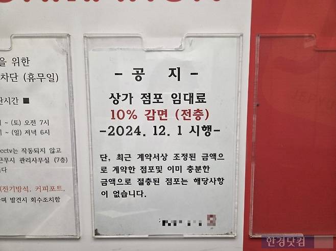지난 12일 찾은 서울 동대문 인근 한 패션 상가 안내 게시판에 임대료 감면 공고가 부착돼있다./사진=박수림 기자