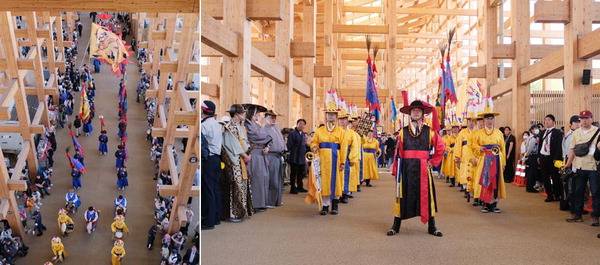지난 13일 일본 오사카 유메시마 엑스포장에서 부산문화재단이 준비한 조선통신사 행렬 퍼레이드가 열리고 있다. 오사카 세계박람회(엑스포) ‘한국의 날’ 프로그램으로 열린 이 행사는 부산문화재단 오재환 대표가 조선통신사를 이끄는 정사 역할을 맡았고, 한국관에서 내셔널데이 홀 레이가든까지 1시간 동안 진행됐다. 김태훈 기자