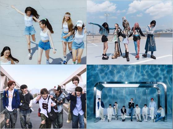 Clockwise from top left: Girl group NewJeans from ADOR, Meovv from The Black Label, boy band ZeroBaseOne from WakeOne Entertainment and TWS from Pledis Entertainment [EACH COMPANY]