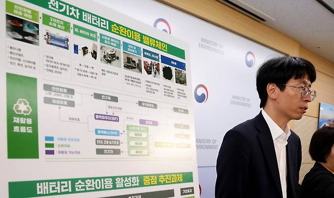 배정한 환경부 이차전지순환이용지원단 부단장이 지난 13일 세종시 정부세종청사에서 배터리 순환이용 활성화방안을 발표하고 있다. /사진=뉴스1