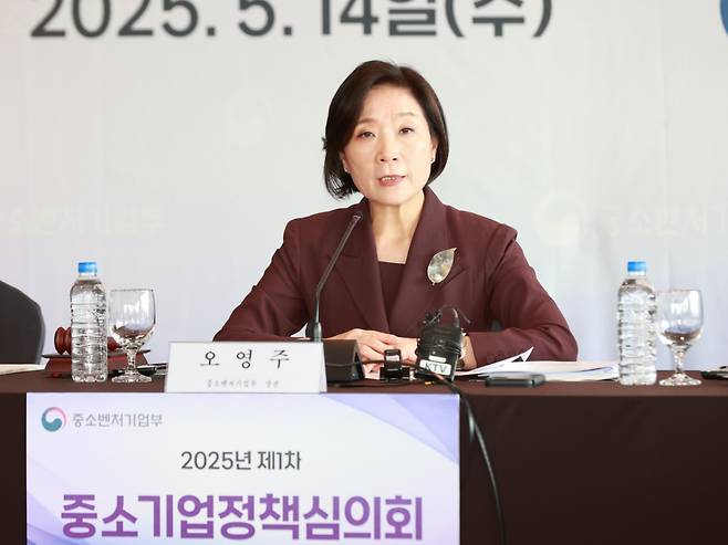 오영주 중소벤처기업부 장관이 14일 서울 영등포구 CCMM빌딩에서 열린 '2025년 제1차 중소기업정책심의회'에서 인사말을 하고 있다./사진=중기부 제공