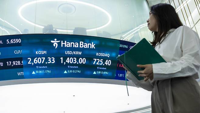 12일 서울 중구 하나은행 본점 딜링룸의 전광판에 이날 거래를 마감한 코스피와 코스닥지수, 원/달러 환율이 표시돼 있다. 이날 코스피는 전 거래일 대비 30.06 포인트(1.17%) 오른 2607.33으로 마감했다. 코스닥 지수는 전장보다 2.88 포인트(0.40%) 오른 725.40으로 거래를 마쳤다. 원/달러 환율은 2.4원 오른 1402.4원을 기록했다. [연합]