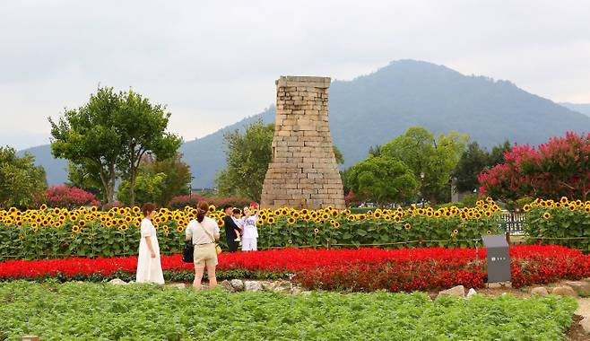 경주 동부사적지 첨성대 인근에 조성한 꽃단지를 배경으로 관광객들이 사진을 찍으며 봄날을 만끽하고 있다. 경주시 제공