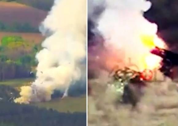 우크라이나군의 드론 공격을 받은 러시아군 무기가 불에 타고 있다. 왼쪽은 러시아군의 핵심 방공 자산으로 꼽히는 지대공 미사일 방공 시스템 Buk-M3, 오른쪽은 우라간-1 MLRS(다연장로켓 시스템). 엑스 영상 캡처