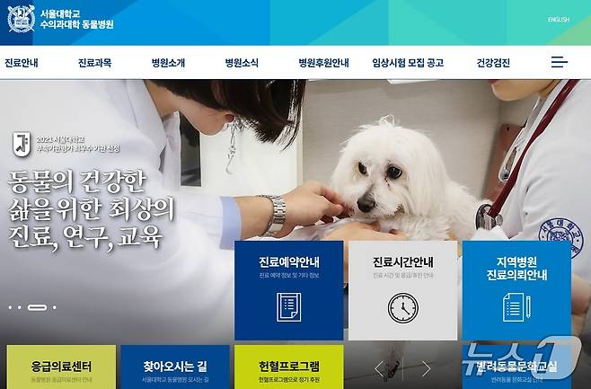 서울대학교 동물병원 홈페이지 갈무리. 건강검진 코너가 따로 마련돼 있다. 동물명원 오시는 길은 동물병원의 오기다. ⓒ 뉴스1