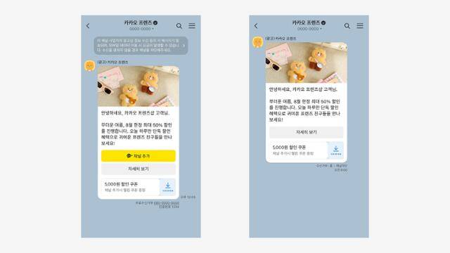 카카오톡을 통해 광고 메시지를 전달할 수 있는 '브랜드 메시지'의 예시. 이미지와 쿠폰 등을 함께 전달할 수 있다. 카카오 제공