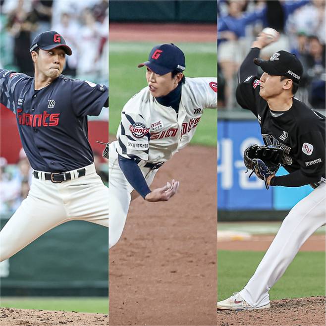 14일 퓨처스리그 경기에서 좋은 컨디션을 보여준 윤성빈, 전민재, 최준용(왼쪽부터). 구단 제공·IS 포토