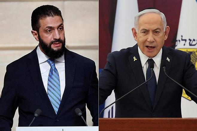 아흐마드 알샤라 시리아 임시 대통령과 베냐민 네타냐후 이스라엘 총리 / 사진=REUTERS
