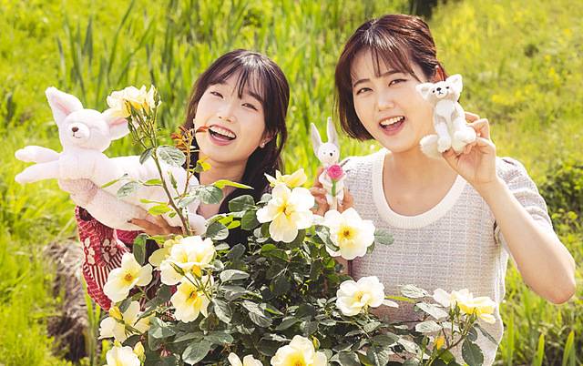 에버랜드가 자체 개발한 장미 품종 앞에서 사막여우 굿즈를 들고 있는 모습. 에버랜드 제공