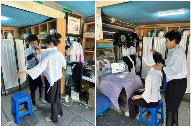 해녀복으로 환복 중인 체험객.  /사진= 강예신 기자