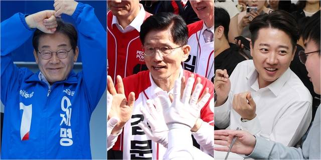 14일 더불어민주당 이재명 대선 후보(사진 왼쪽부터)가 부산진구 서면에서, 국민의힘 김문수 대선 후보가 경남 진주시 진주광미사거리에서, 개혁신당 이준석 대선 후보가 부산 금정구 부산대학교에서 시민들과 소통하고 있다.  연합뉴스