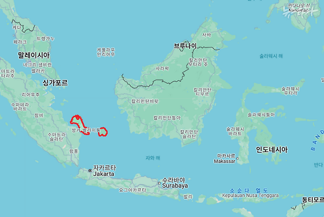 ▲방카벨리퉁 주는 방카와 벨리퉁 두 개 섬으로 구성돼 있다. 빨간 색으로 표기된 부분이다. (출처: 구글 지도)