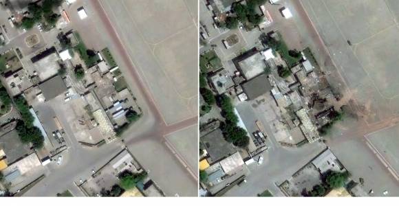 지난달 25일(왼쪽)과 지난 10일  누르 칸 공군 기지 모습으로 공습의 흔적이 확연하다. Maxar Technologies