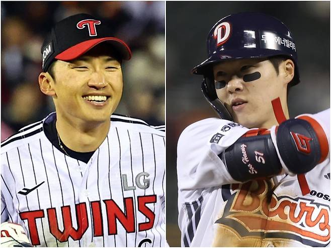 올 시즌 초반 리그 평균 도루가 감소세를 보이고 있지만, 현역 통산 도루 1위의 LG 박해민(왼쪽)과 지난해 도루왕 두산 조수행은 아랑곳하지 않고 대도 경쟁을 펼치고 있다. 뉴시스·두산 베어스 제공