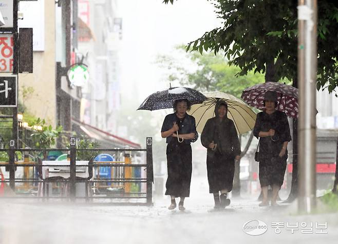 수도권 대부분에 호우주의보가 내려진 수원시 나혜석거리 인근을 지나는 시민들이 쏟아지는 비를 피해 발걸음을 재촉하고 있다. 노민규기자