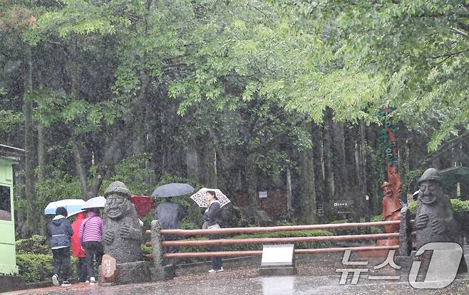 제주시 봉개동 절물자연휴양림에 많은 비가 내려 탐방객이 급히 발걸음을 옮기고 있다. 2025.5.9/뉴스1 ⓒ News1 오현지 기자